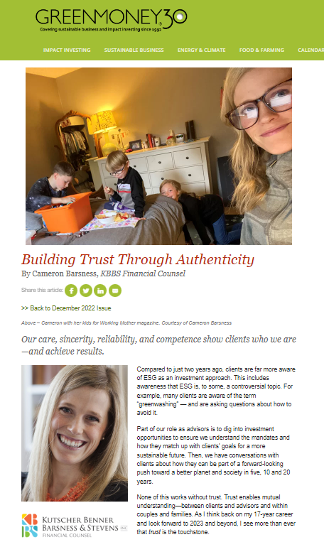 Cameron Barsness Published in Green Money Journal - KBBS Financial ...